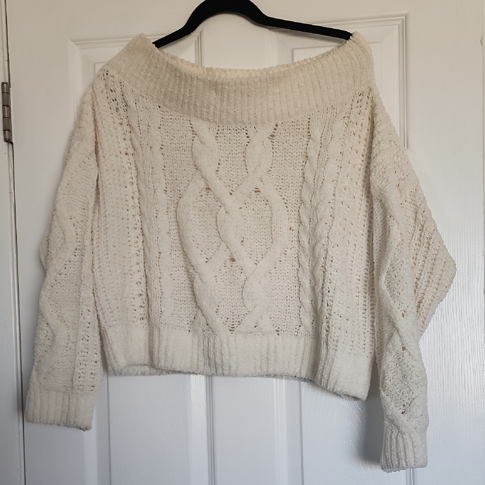 Express, Small Petite Ivory/Cream Off Shoulder Cropped Sweater